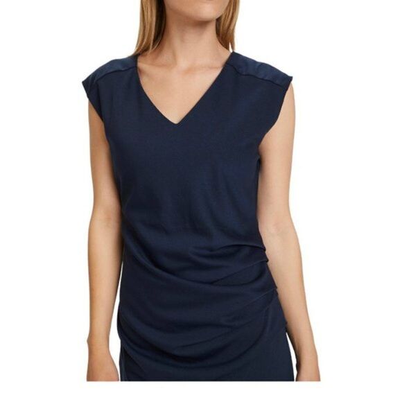 Kaffe women's Navy Blue India V Neck Sleeveless Ruched Lined Cocktail Dress US L - Picture 3 of 15